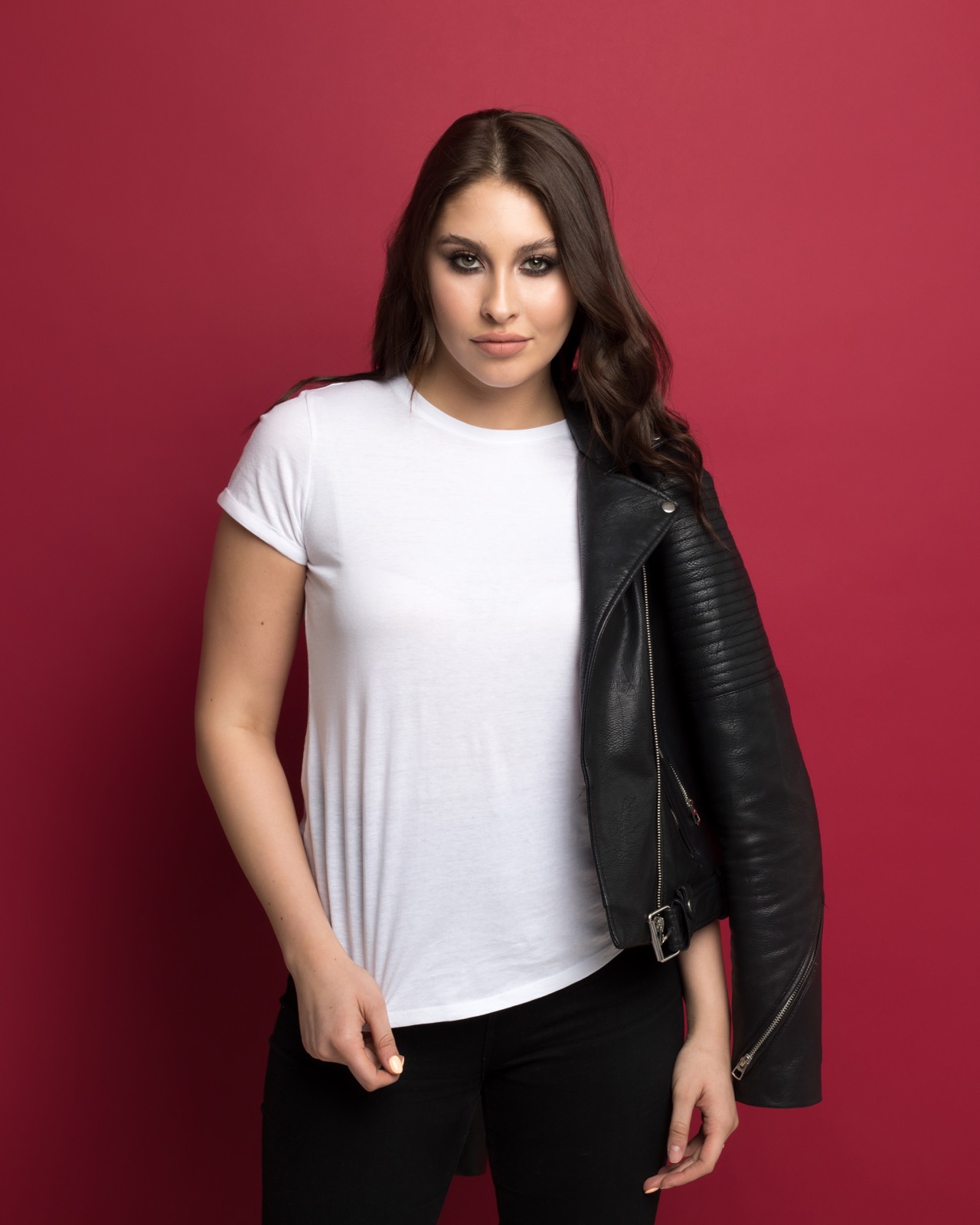 Women's White Fur Jacket, Black Crew-neck T-shirt, Black Leather