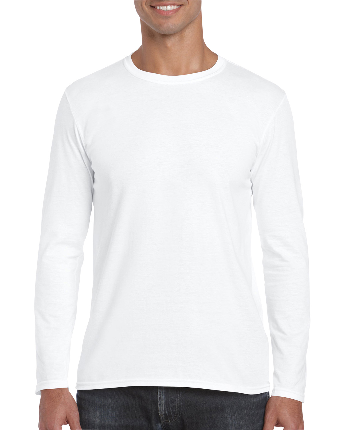 Download Man Wearing White Gildan 64400 Long Sleeve Shirt E Commerce Long Sleeve T Shirt Mockup Mockup Mark