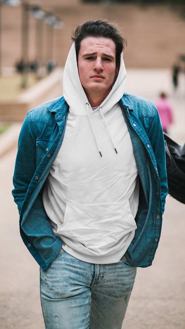 Download Man Wearing White Pullover Hoodie Lifestyle Hoodie Mockup Mockup Mark